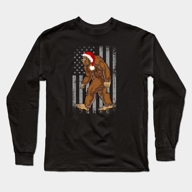 American Flag Big Foot Santa Hat Christmas Sasquatch Long Sleeve T-Shirt by Illustradise
